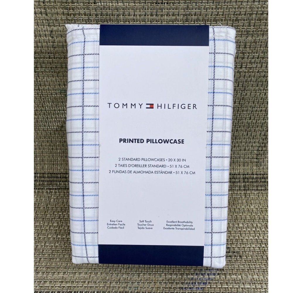 Tommy Hilfiger White Blue Plaid Printed Cotton Blend STANDARD Pillowcase Set 2pc